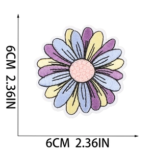 Detail view of 6cm colorful floral embroidery patch with precise size dimensions