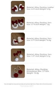 Detailed size and material specifications for red flocked pearl bow earrings