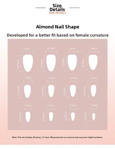 Detailed size chart for almond press on nails with 12 dimensions and 24 pieces set