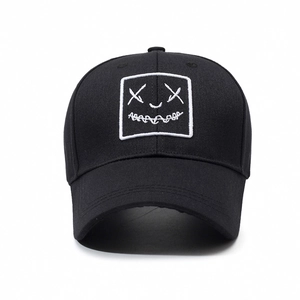 Streetwear black baseball cap with white embroidered emoji face for men and women