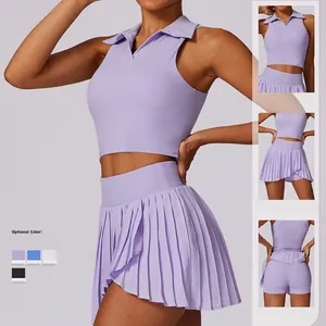 Women's summer lilac polo tennis set with high-waisted pleated skirt and sleeveless vest