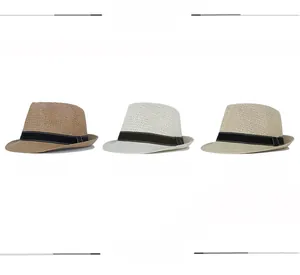 Three summer straw jazz hats in khaki, creamy white and off-white with black decorative bands