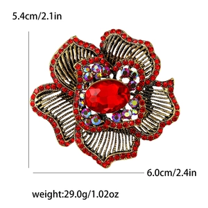 Vintage red flower brooch in antique gold alloy with rhinestones, 6.0cm x 5.4cm size