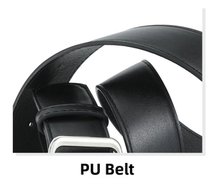 Close-up of black PU leather belt strap showing fine matte texture and silver buckle