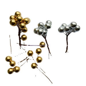 Golden and silver artificial berries with wire stems for Christmas DIY crafts on white background