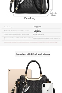 Detailed size chart of black quilted handbag with dimensions 25x12x19cm and gold hardware