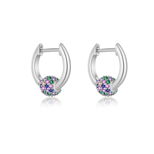 S925 silver hoop earrings featuring a micro-pave multi-color zircon spherical pendant