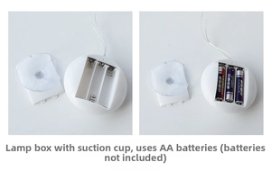 Detailed view of white LED light battery box with suction cup for 3 AAA batteries