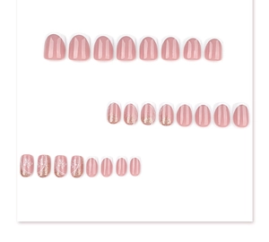 Detail of 24pcs pink press-on nails with white French tips, butterflies and gold glitter