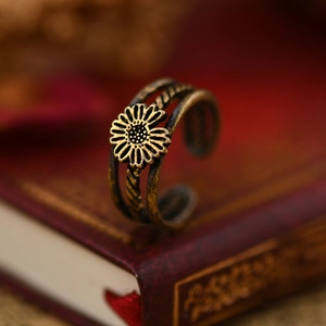 Vintage Copper Sunflower Snake Open Ring Adjustable Antique Daisy Flower Finger Jewelry Unisex Retro Style