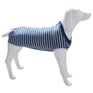 Blue and white striped dog recovery suit for after-surgery wound protection on white model