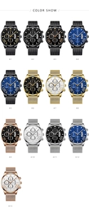 Overview of multiple colored Geneva men's quartz watches with mesh straps and date displays