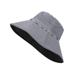 Double-sided wide brim sun hat with blue-white stripes and black cotton lining