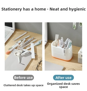 Detail of dual-tone desk organizer showing organized pens and scissors on wooden desk