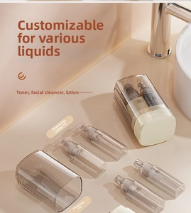 Travel set showing four portable refillable pump bottles inside a cream wash cup base