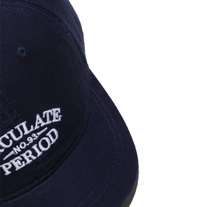 Detailed macro view of white letter embroidery on a dark blue cotton canvas baseball cap