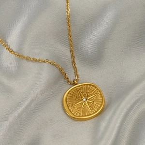 North Star Medallion Pendant Necklace 18K Gold Plated Stainless Steel With Zircon Sunburst Starburst Jewelry For Women