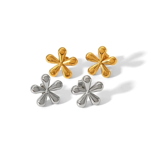 18k gold and silver stainless steel flower stud earrings with a high-polished mirror finish