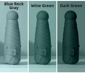Detailed view of compact folding capsule umbrellas in grey, wine, and dark green colors