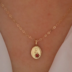 Detailed view of a gold-plated necklace featuring an oval letter E pendant with a red star gem