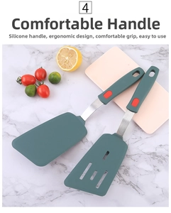 Detail of dark green silicone spatulas with stainless steel handles and anti-slip grip