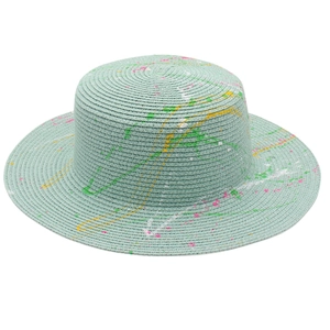 Artistic paint splatter mint green straw boater hat with flat top and wide brim