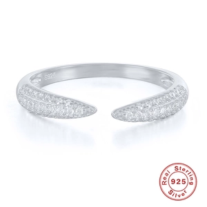 925 sterling silver triple-row paved zircon open ring with adjustable minimalist horn design