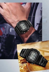 Detail view of square digital sports watch with waterproof case and black resin strap