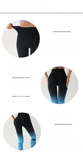 Detailed views of high-waist tie-dye yoga leggings with seamless gradient blue design