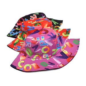 Set of three colorful graffiti letter print bucket hats in black red and purple