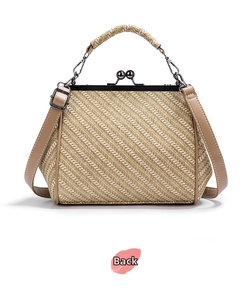 Back side view of retro woven handbag with leather strap and metal kiss-lock closure