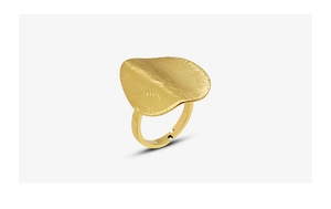 Detail of matte brushed gold irregular leaf ring with adjustable polished band