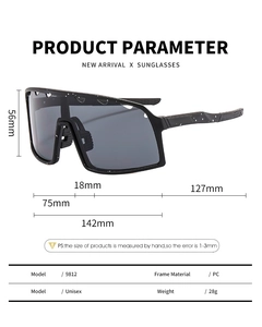 Detailed dimensions and PC frame material specs for unisex 9812 sports sunglasses