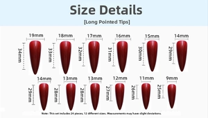 Detailed size chart for long stiletto press-on nails showing 12 different width and length dimensions