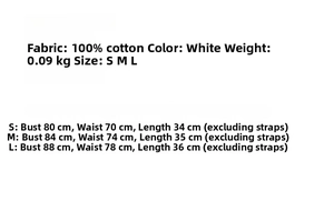 Size chart for white lace camisole top showing bust and length measurements in cm