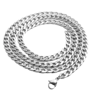 Polished silver stainless steel Cuban link necklace with lobster clasp on white background