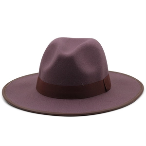 Classic purple wool fedora hat with brown grosgrain ribbon and premium leather binding