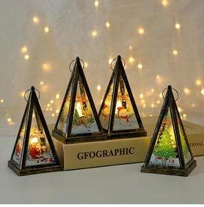 Detailed set of four triangular Christmas lanterns with Santa and Reindeer illustrations