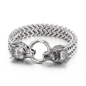 Silver stainless steel Viking double wolf head bracelet with braided chain and O-ring clasp
