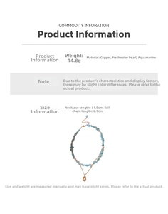 Detail of aquamarine and freshwater pearl double layer necklace with dimensions info