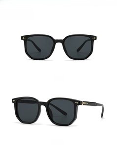 Detailed views of black square frame sunglasses showing front and 45-degree side angles