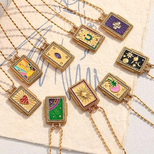 Collection of 18K gold plated stainless steel square pendant necklaces with enamel details