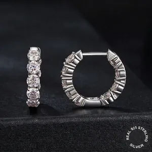 S925 sterling silver moissanite hoop earrings with sparkling round brilliant cut diamonds