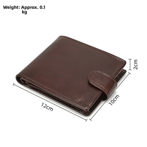 Detail view of dark brown leather wallet with dimensions 12x10x2cm and secure button closure