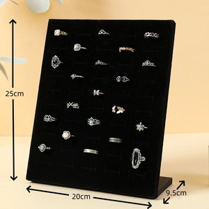 L-shaped black velvet jewelry display stand with dimensions 25cm height and 20cm width