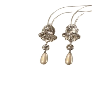 French retro silver needle earrings with diamond flower and champagne pearl drops