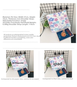 Size comparison of plush floral tote bag with A4 magazine and adjustable strap
