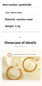 Detailed specs of 30mm 18K gold plated stainless steel twisted C-hoop earrings