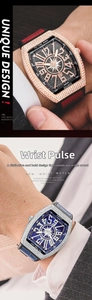 Detail of tonneau-shaped quartz watch with crystal bezel on a male model's wrist