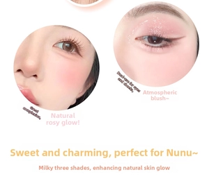 Detailed view of pale pink cream blush applied to the cheeks for a natural dewy finish